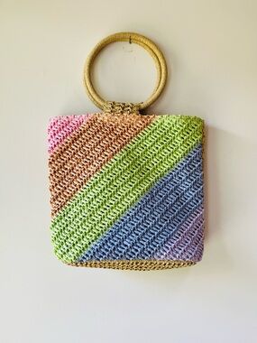 Multicolor Pastel Straw Raffia Tote with Round Handles Beach Boho